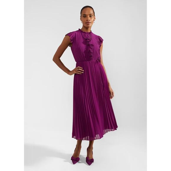 NEW Hobbs Petite Addison Dress Pleated Midi Dress Magenta Purple Size 12P Large - Picture 1 of 6